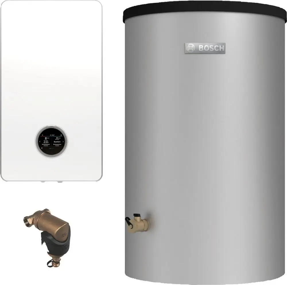 Wandsystem von Bosch, bestehend aus einem weißen Heizgerät mit Display und einem silbernen Speichertank. Ein zusätzliches Anbauteil ist ebenfalls abgebildet.